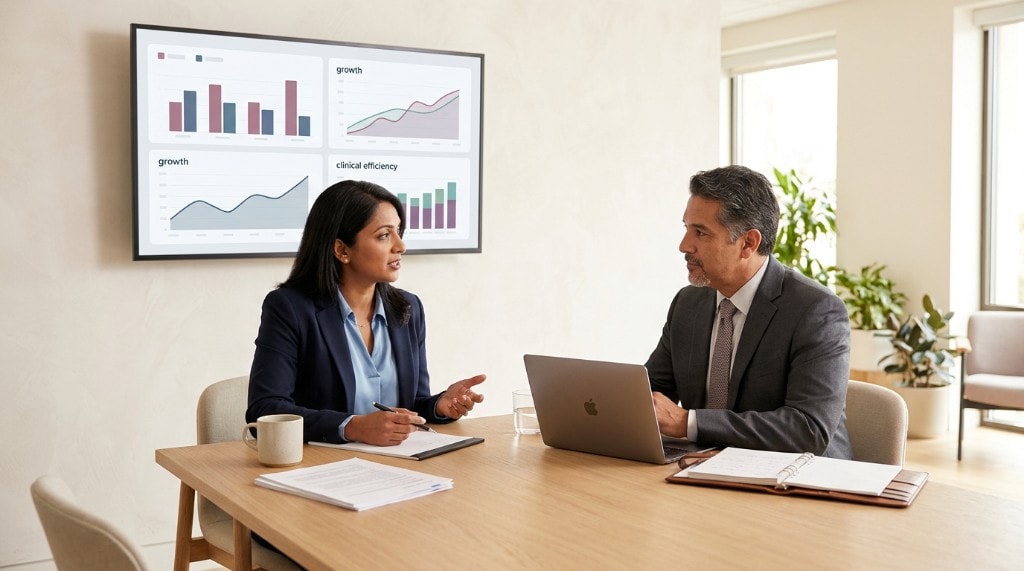 Dental executives reviewing AI pilot program results in a conference room